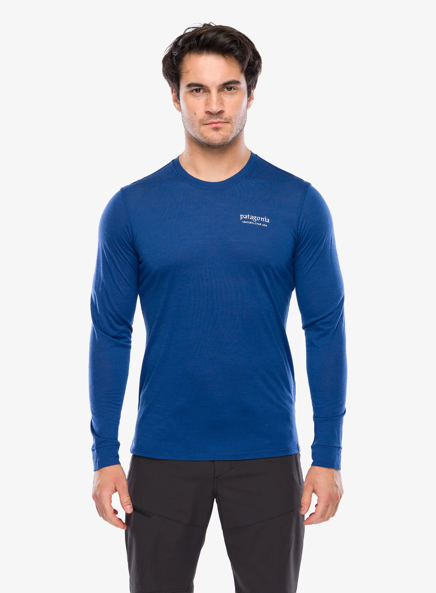 Puloverji brez kapuce Patagonia L/S Cap Cool Merino Graphic Shirt - heritage header/clement blue