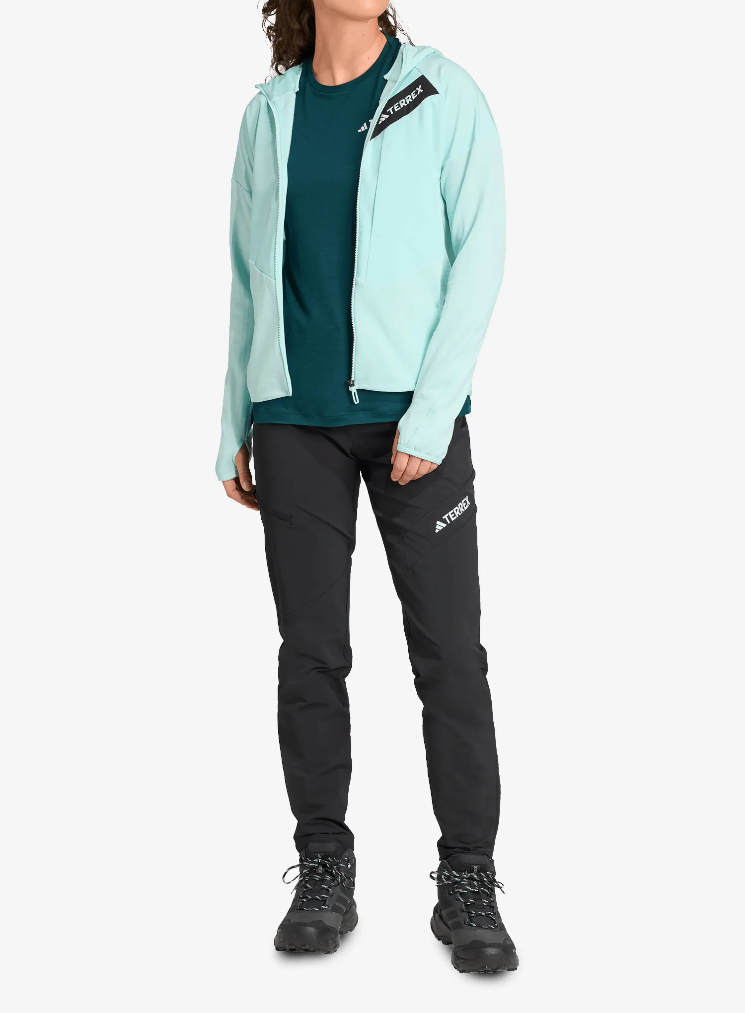 Ženska jopica adidas TERREX Techrock CLIMAWARM+ Wind Hooded Fleece Jacket - semi flash aqua