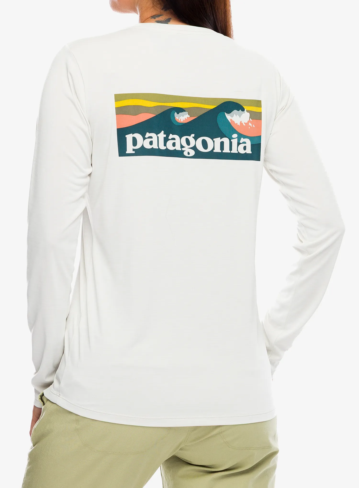 Ženska jopica brez kapuce Patagonia L/S Cap Cool Daily Shirt Boardshort Logo - dyno white