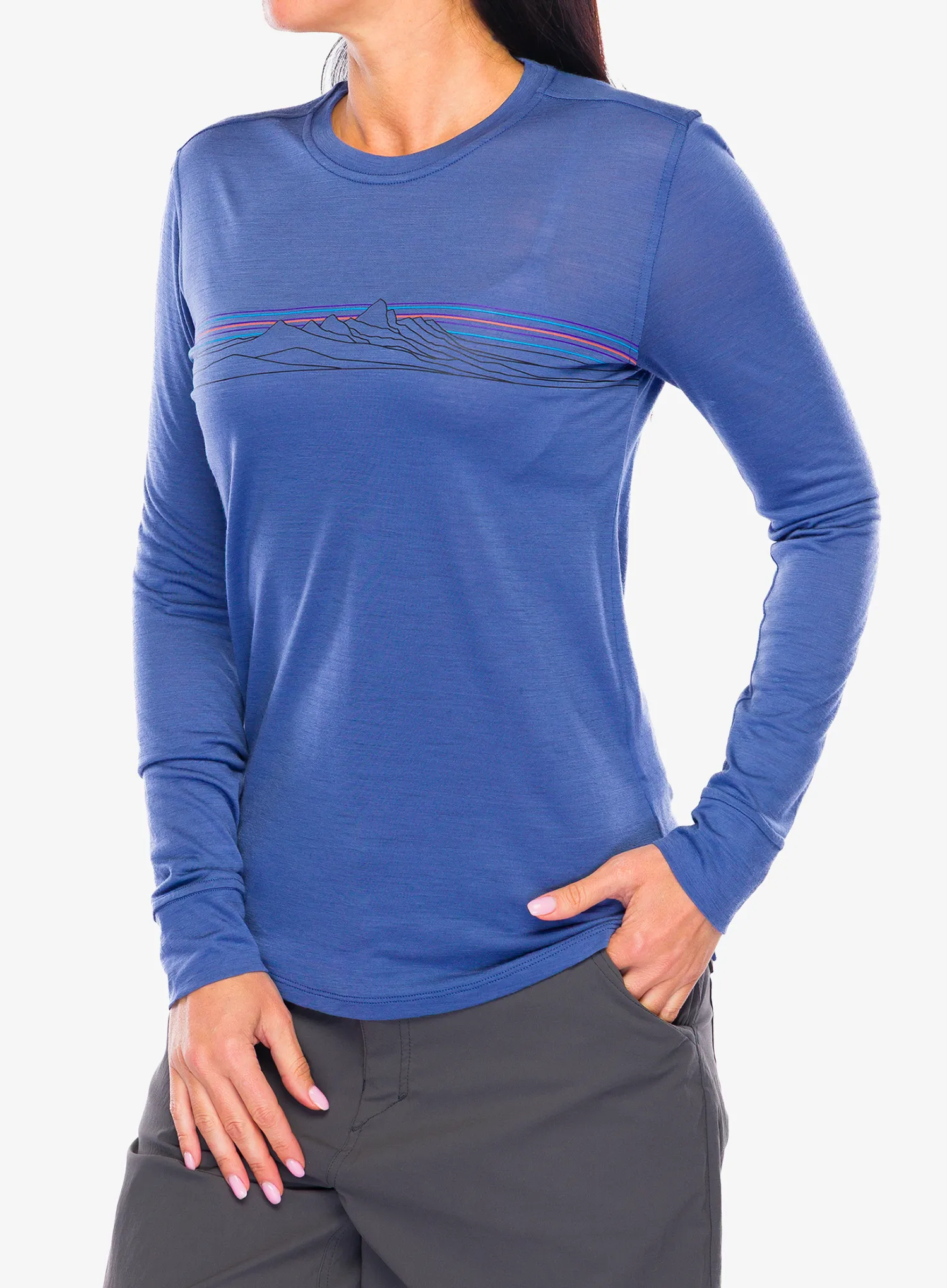 Ženska jopica brez kapuce Patagonia L/S Cap Cool Merino Graphic - strata stripe/current blue