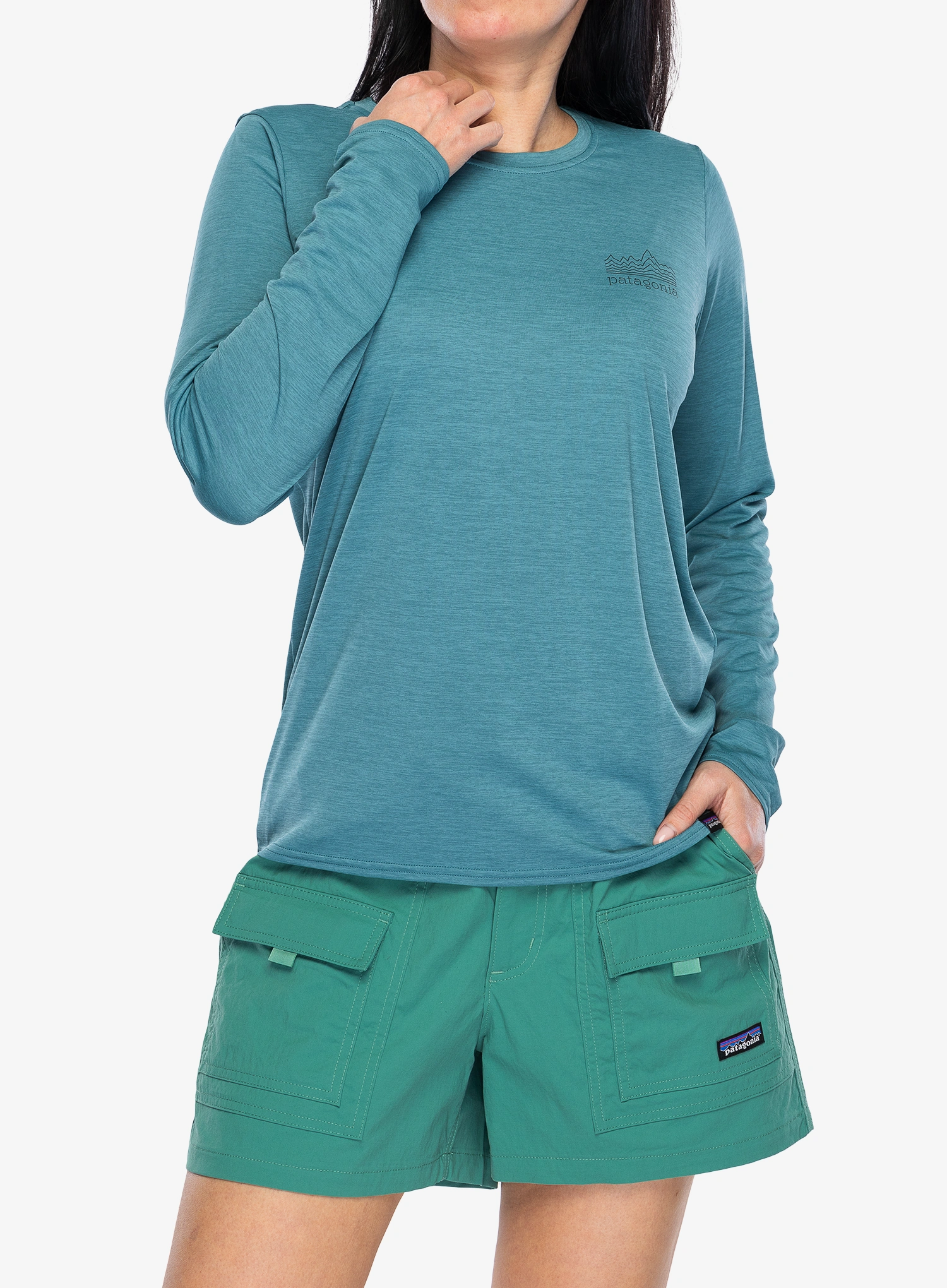 Ženska jopica brez kapuce Patagonia L/S Capilene Cool Daily Graphic Shirt - strataspire/wetland blue