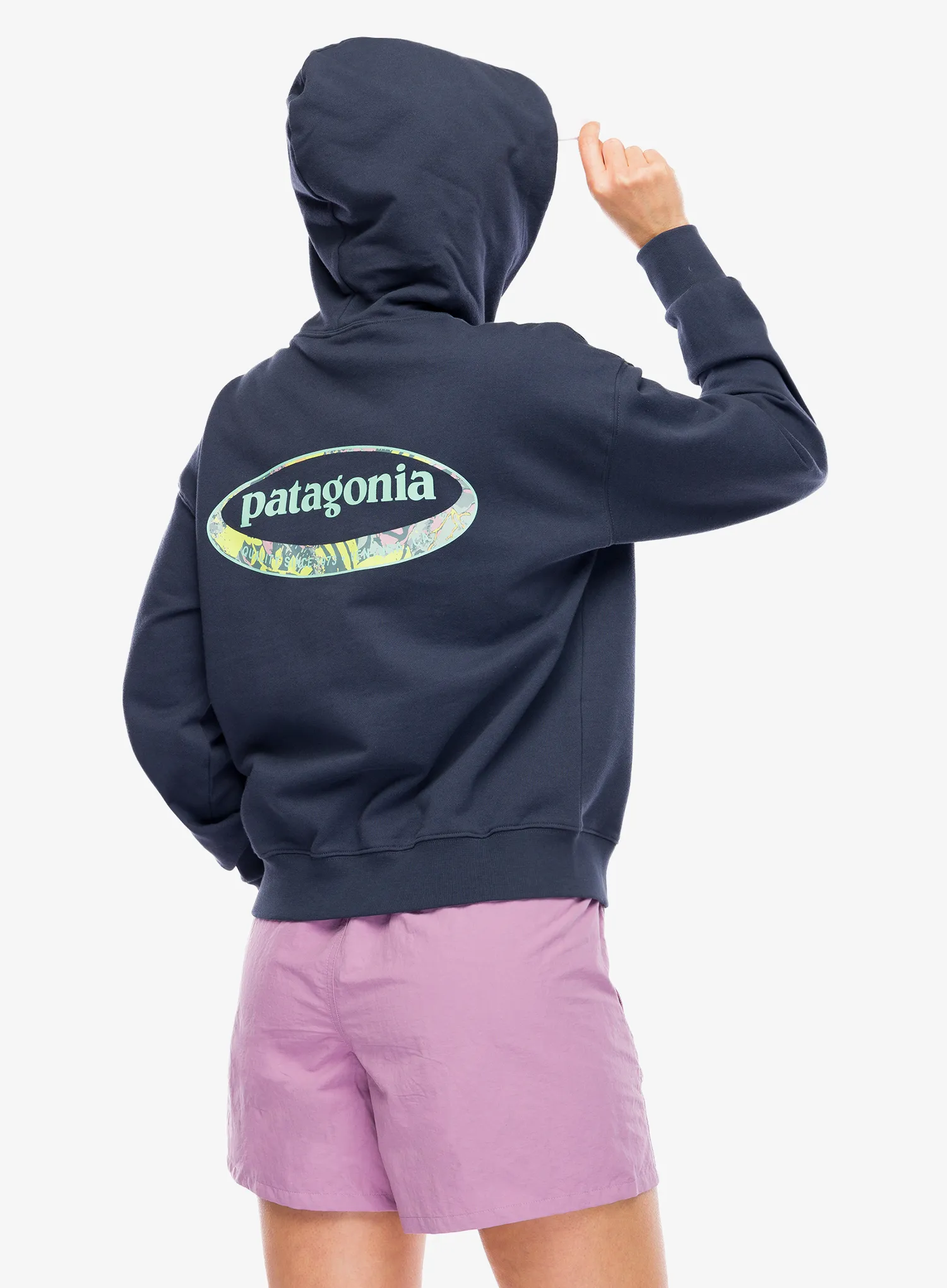 Ženska jopa s kapuco Patagonia 95 Oval Logo Daily Hoody - smolder blue: moon tripper