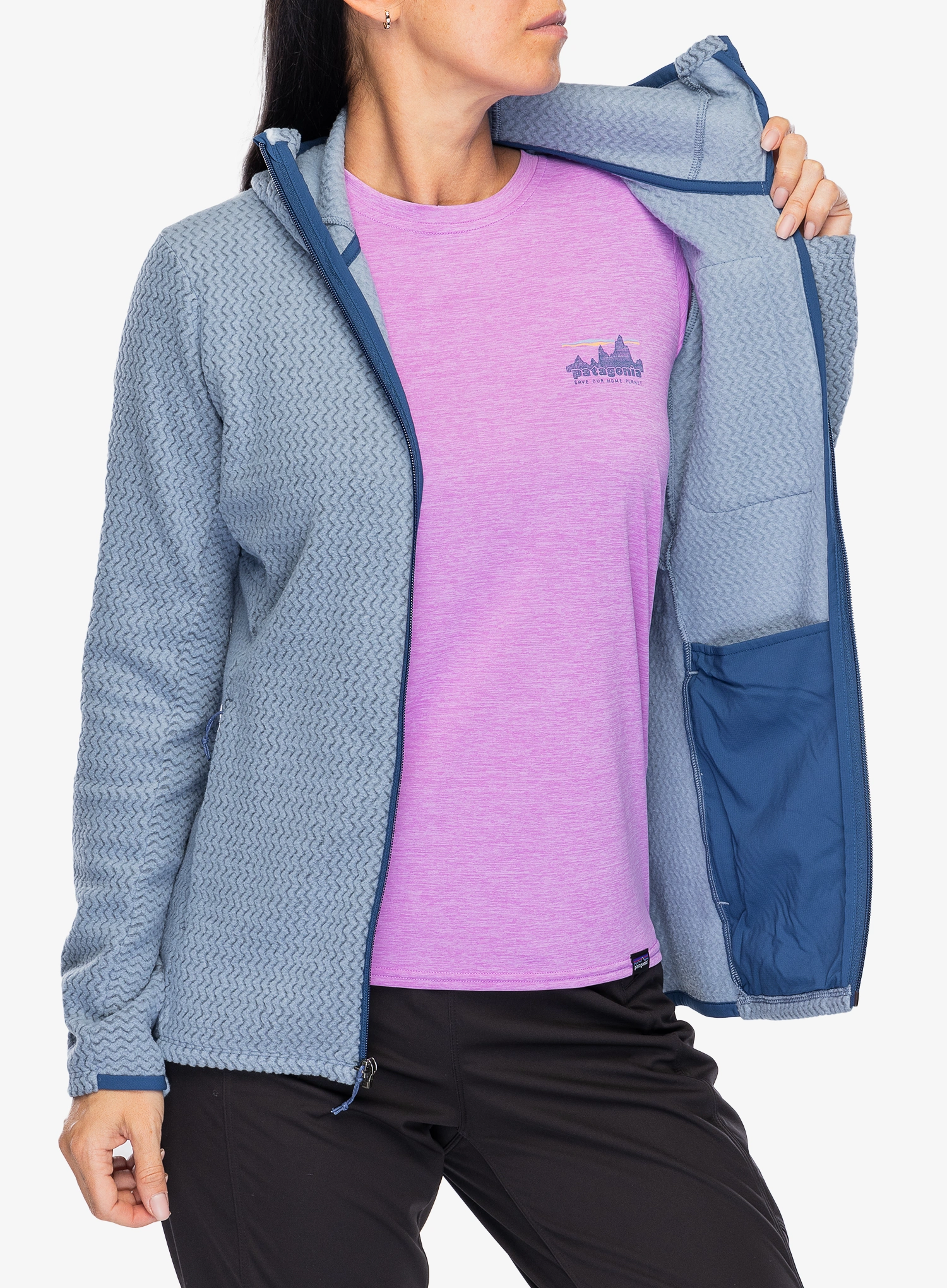 Ženska jopa s kapuco Patagonia R1 Air Full-Zip Hoody - barnacle blue