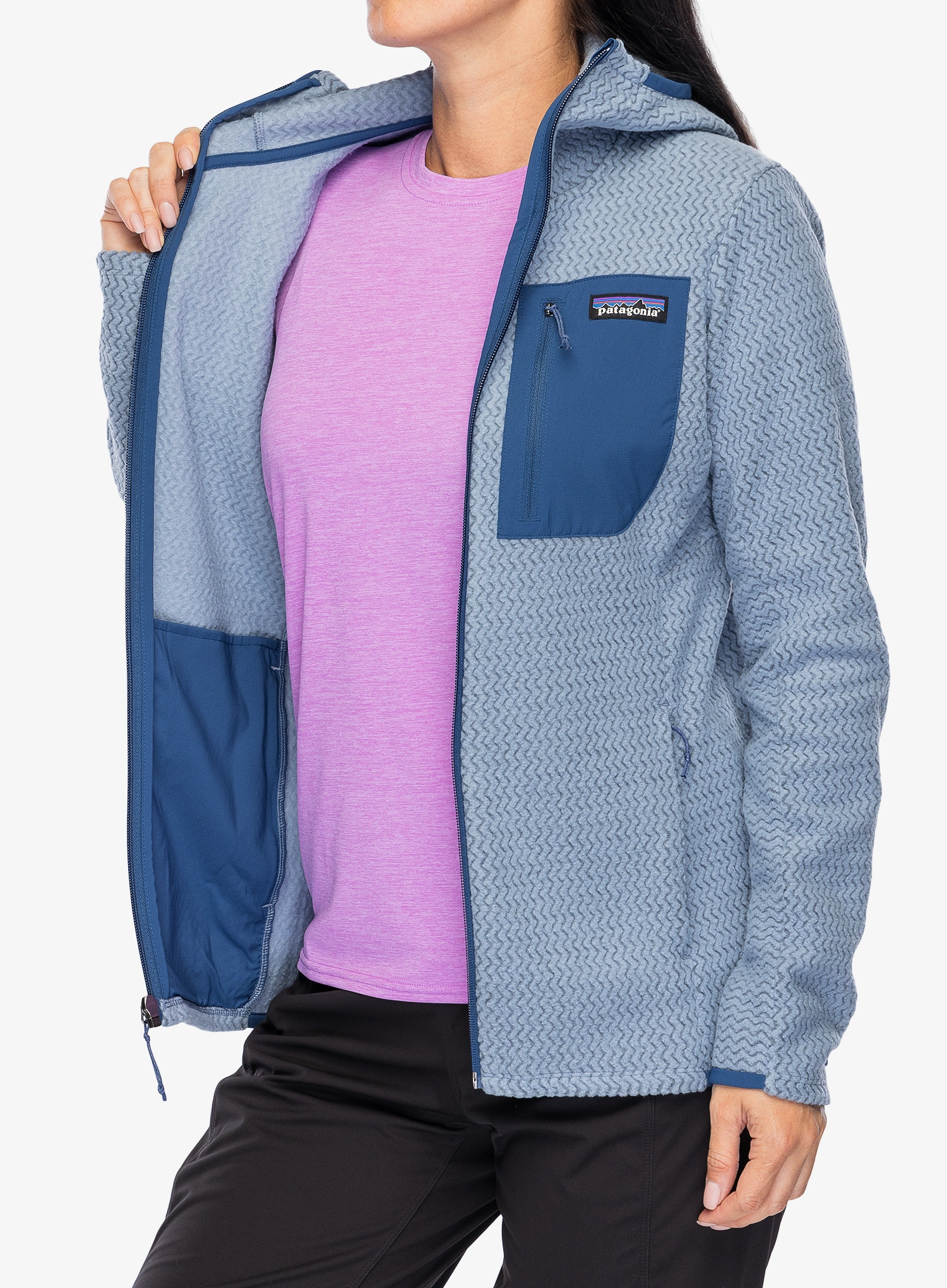 Ženska jopa s kapuco Patagonia R1 Air Full-Zip Hoody - barnacle blue
