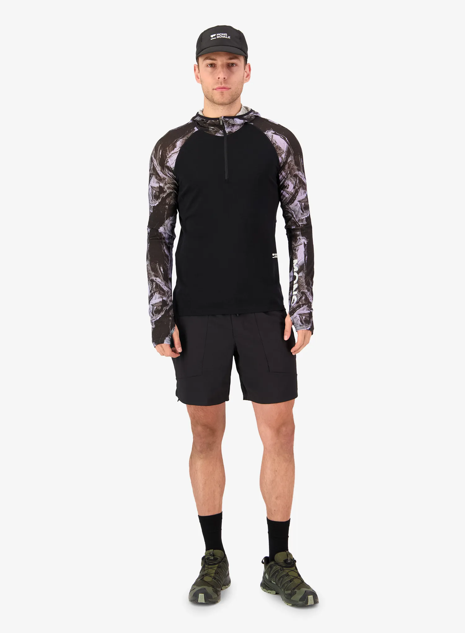Jopica s kapuco Mons Royale Temple Merino Long Sleeve Hood - rock camo/black
