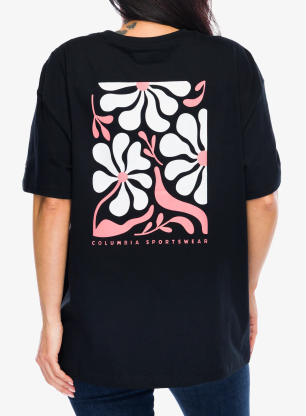 Ženska bombažna majica Columbia Rolling Bend Graphic Oversized Tee - black/floral fun