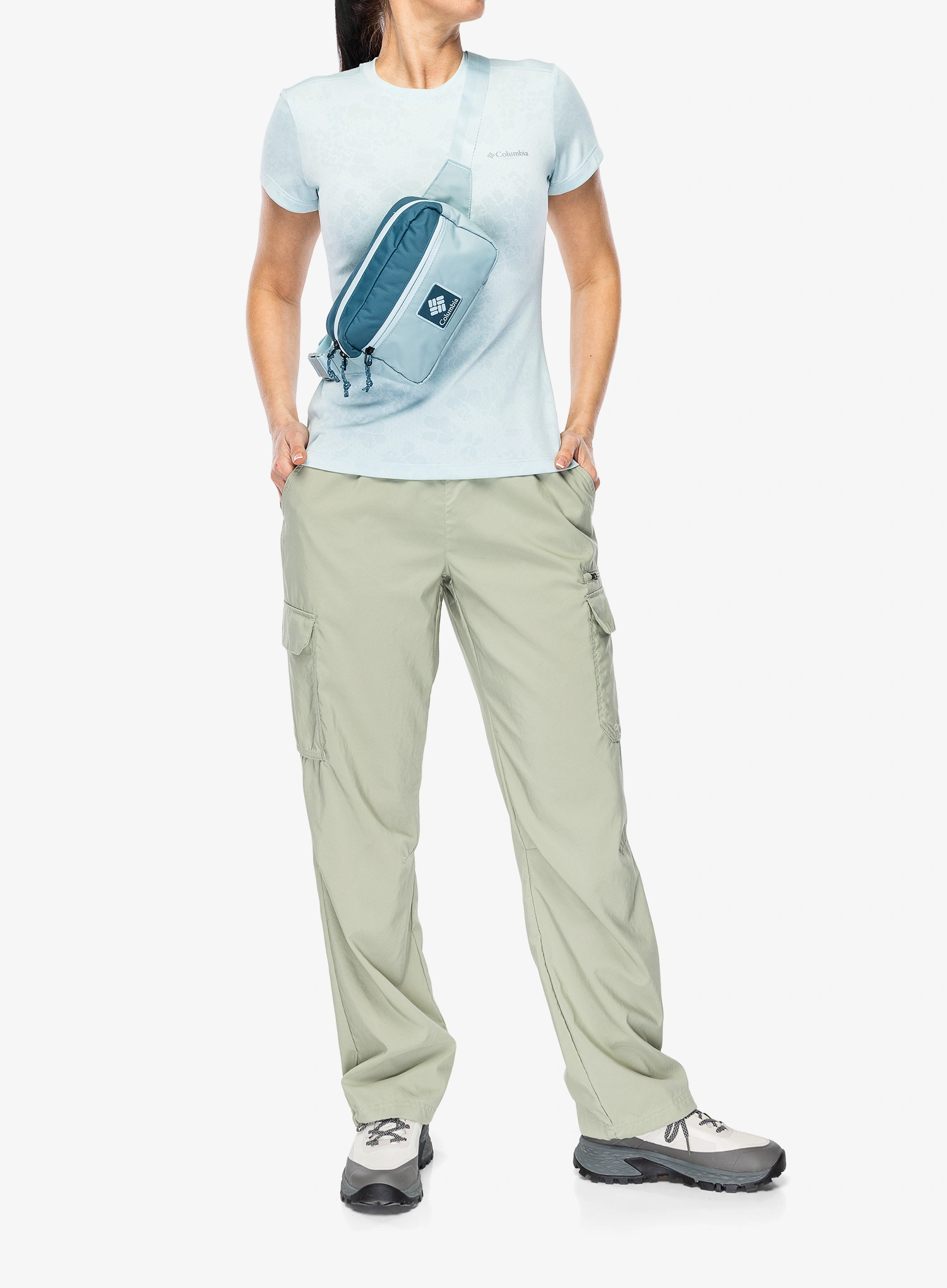 Ženska športna majica Columbia Bluebird Canyon II S/S Crew - marine light/florage jacquard