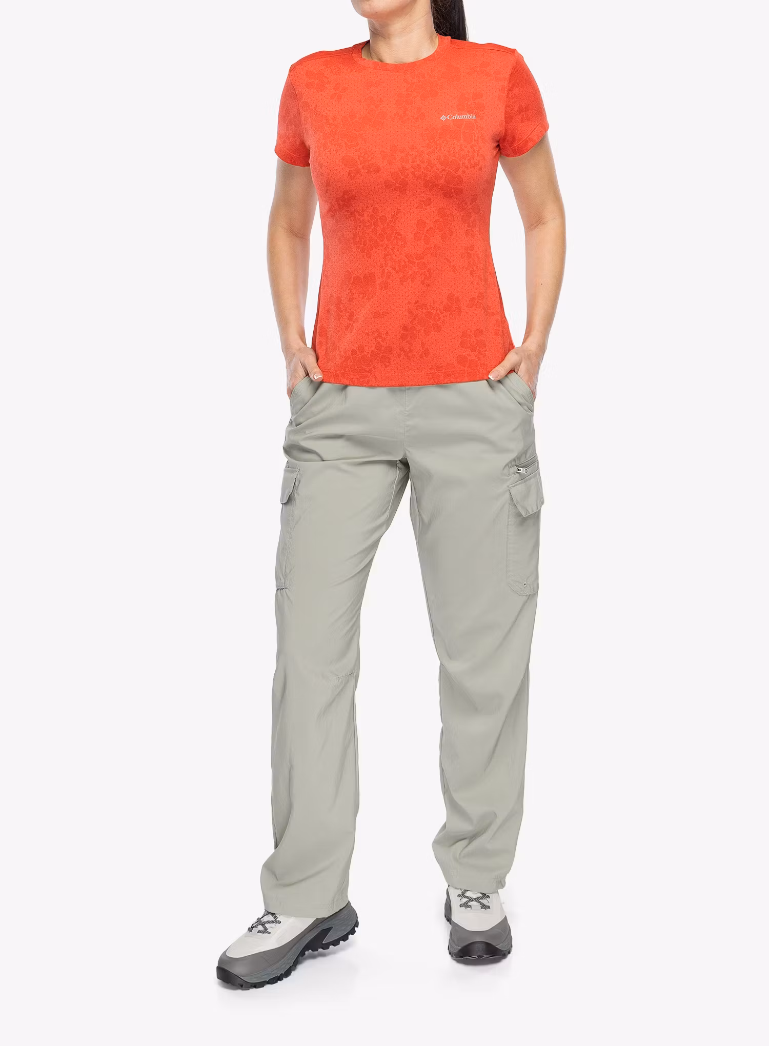 Ženska športna majica Columbia Bluebird Canyon II S/S Crew - poppy red/florage jacquard