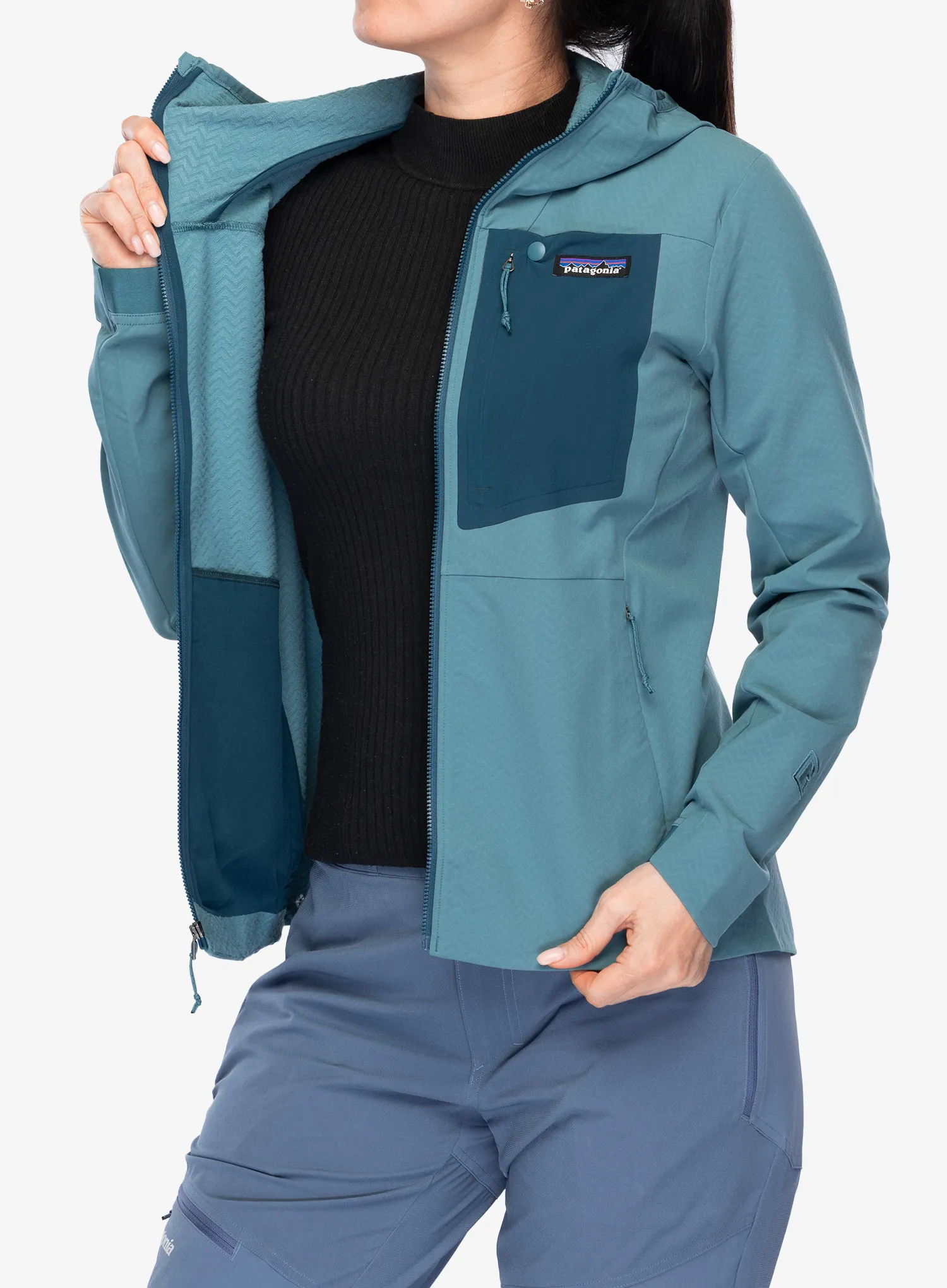 Ženska jakna Patagonia R1 CrossStrata Hoody - wetland blue