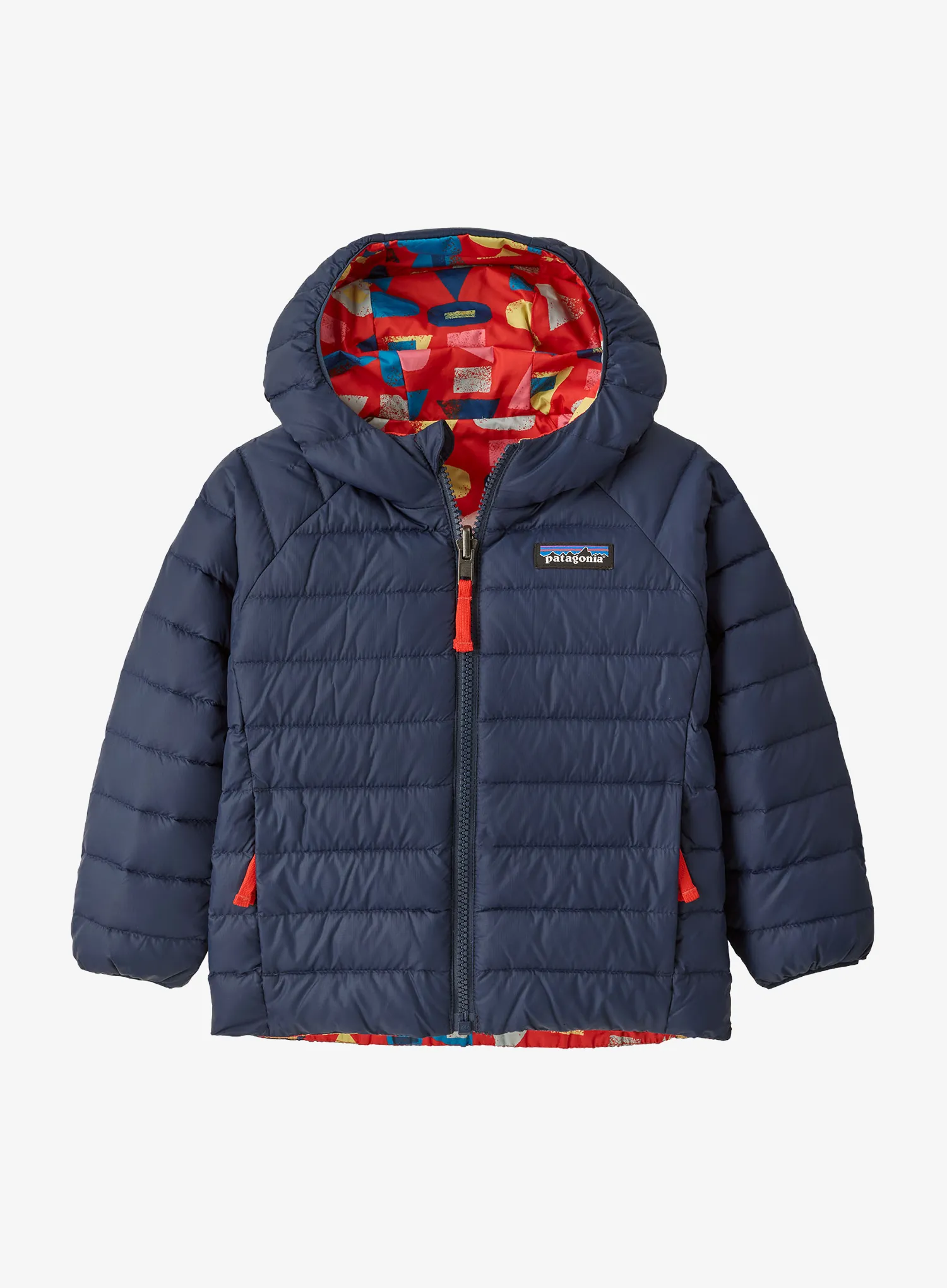 Otroška jakna Patagonia Baby Reversible Down Sweater Hoody - forest being/sizzle red