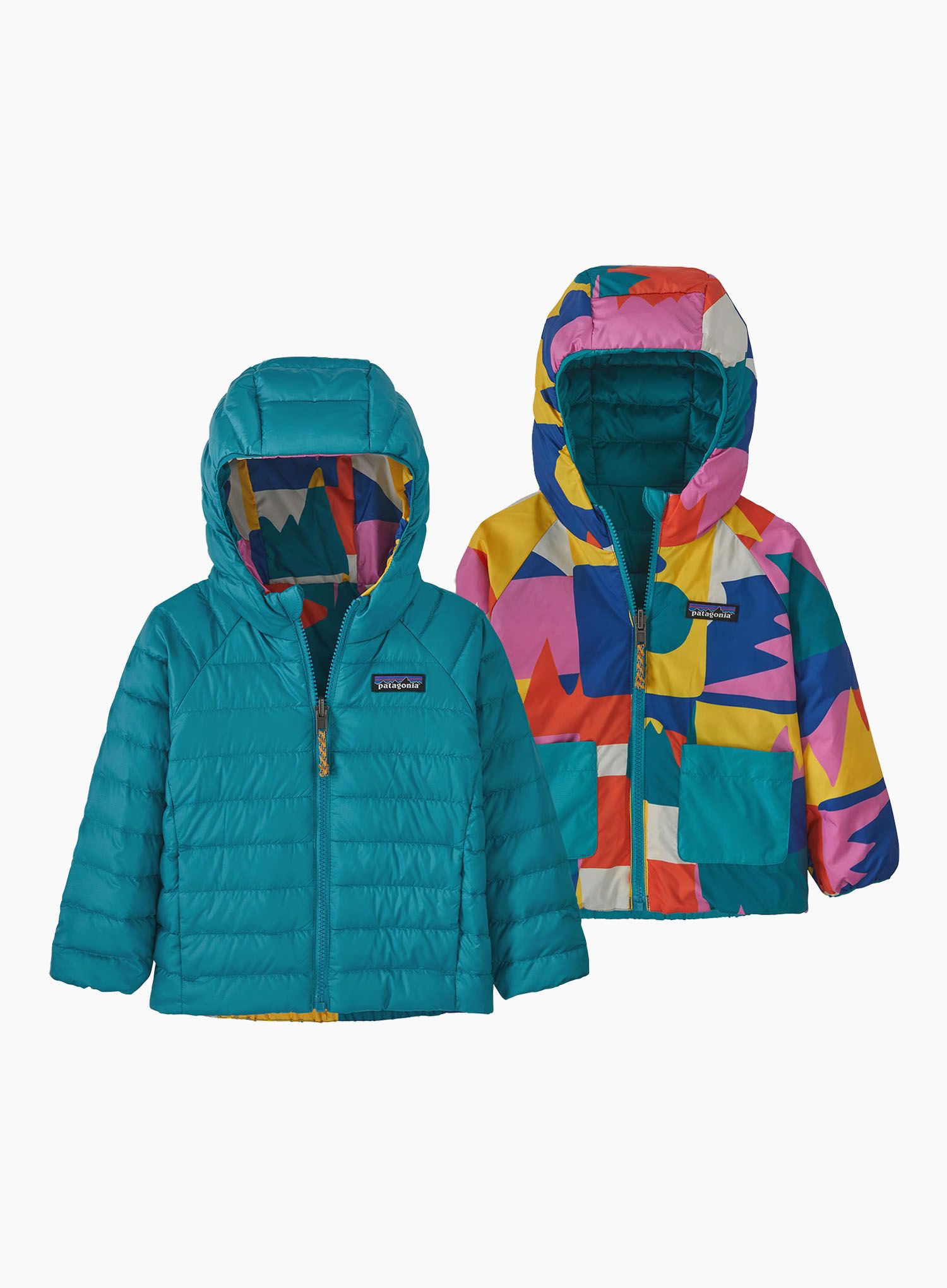 Otroška jakna Patagonia Baby Reversible Down Sweater Hoody - frontera/passage blue