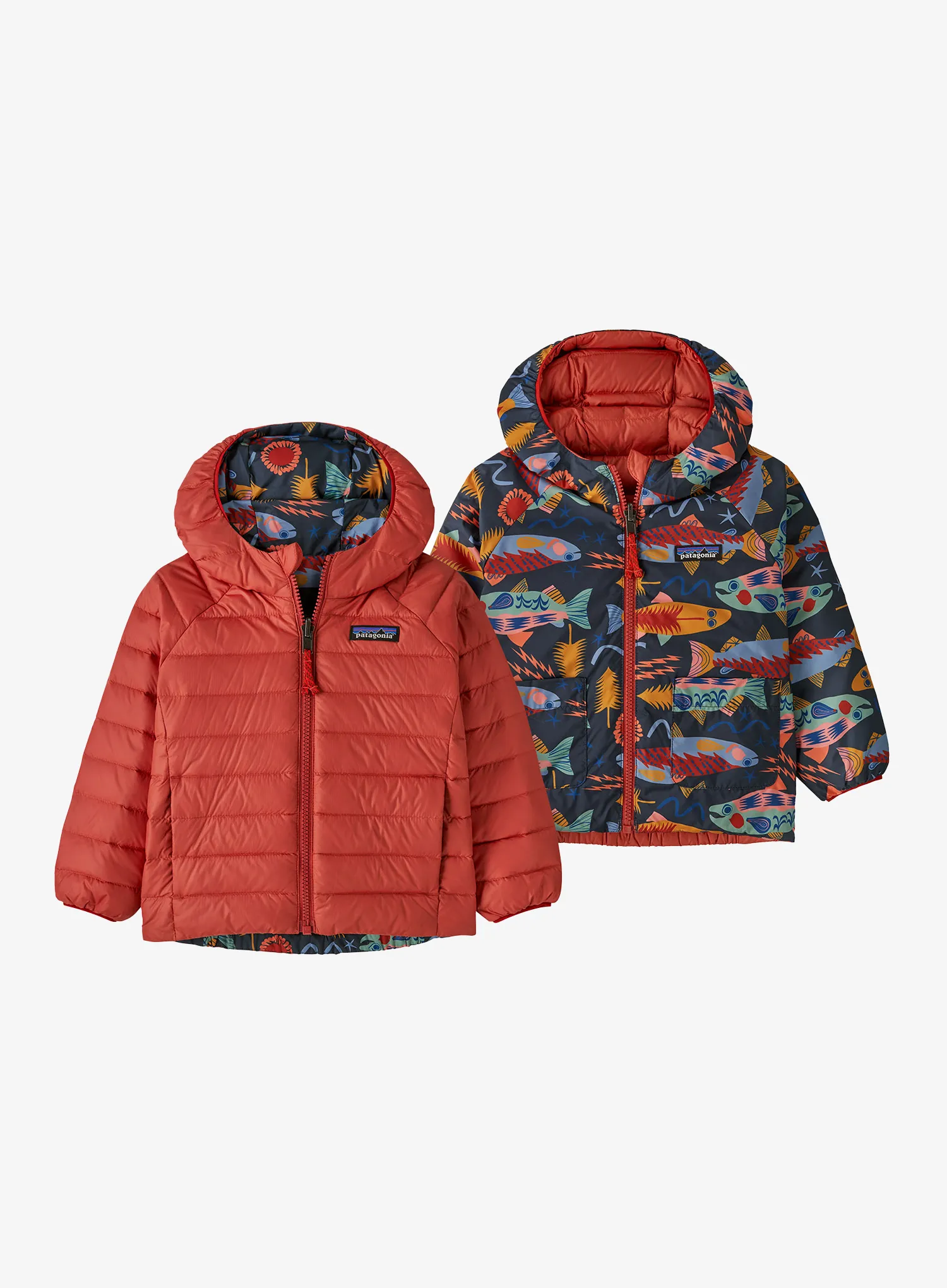 Otroška jakna Patagonia Baby Reversible Down Sweater Hoody - salmon energy/ink black