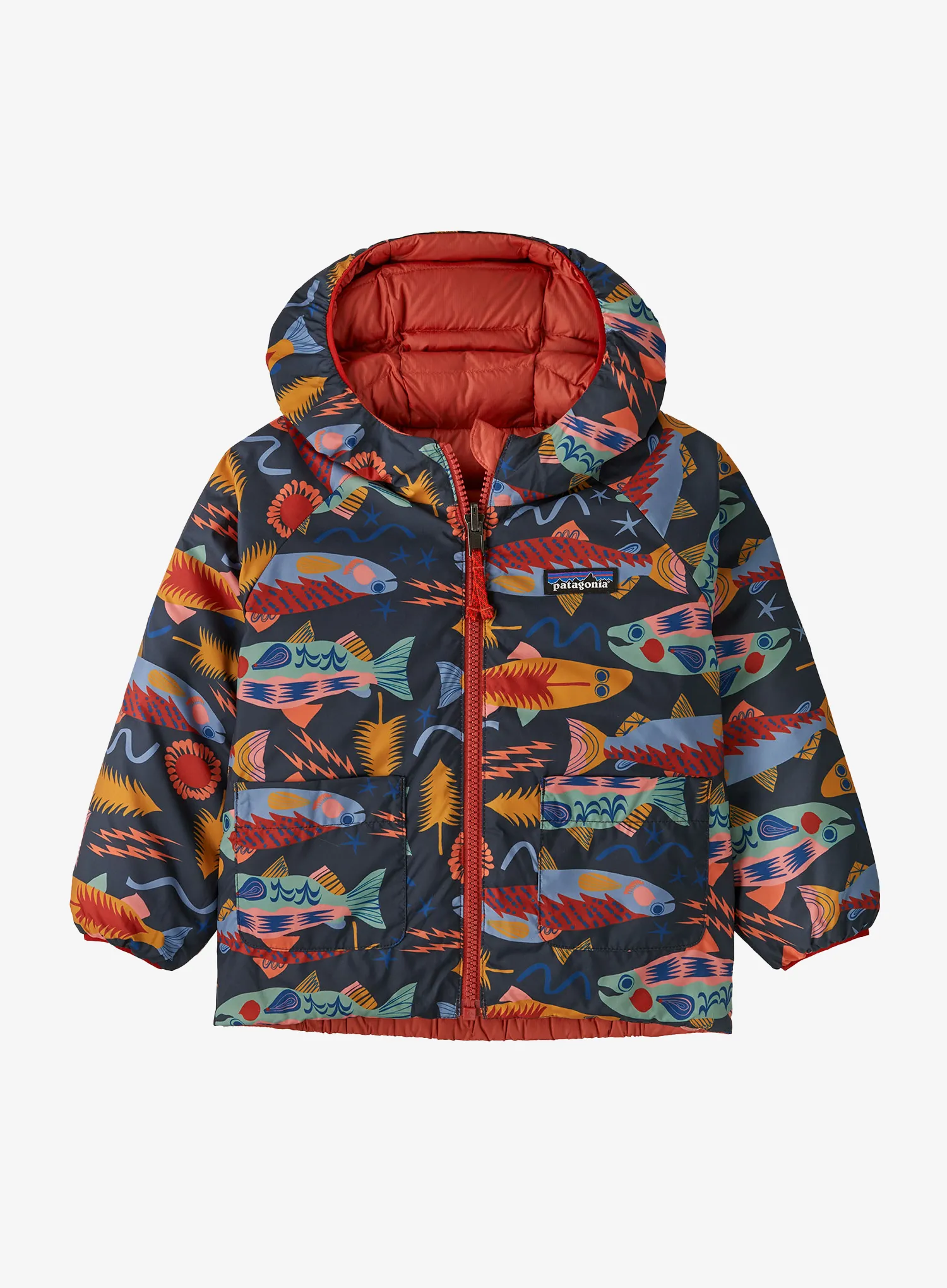 Otroška jakna Patagonia Baby Reversible Down Sweater Hoody - salmon energy/ink black