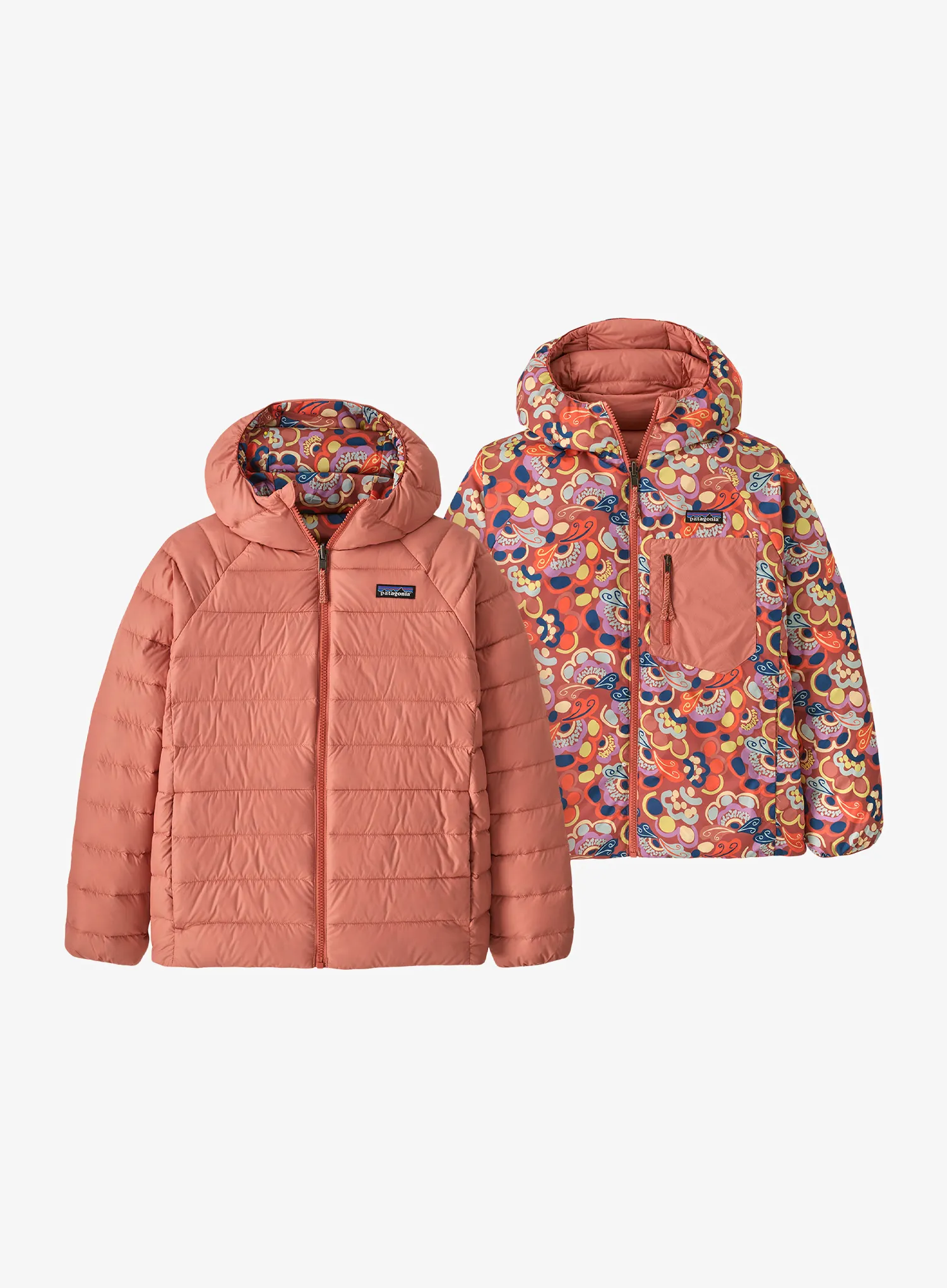Otroška jakna Patagonia Reversible Down Sweater Hoody - river river/potters red