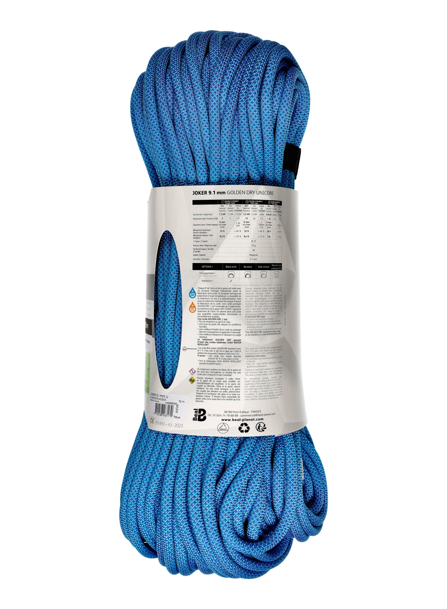Plezalna vrv Beal Joker Unicore 9,1 mm x 70 m Golden Dry - blue