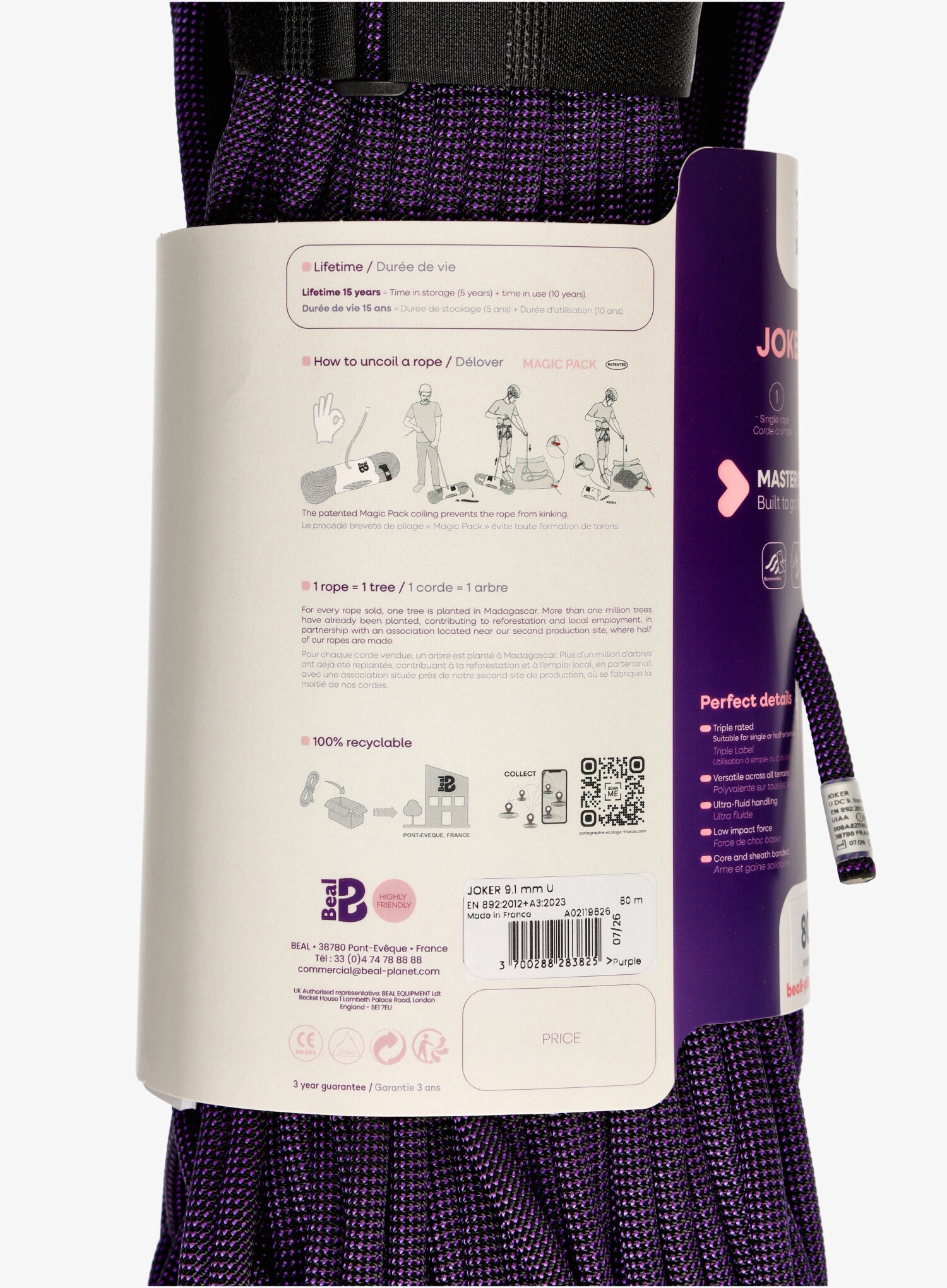 Plezalna vrv Beal Joker Unicore Dry Cover 9,1 mm 80 m - purple