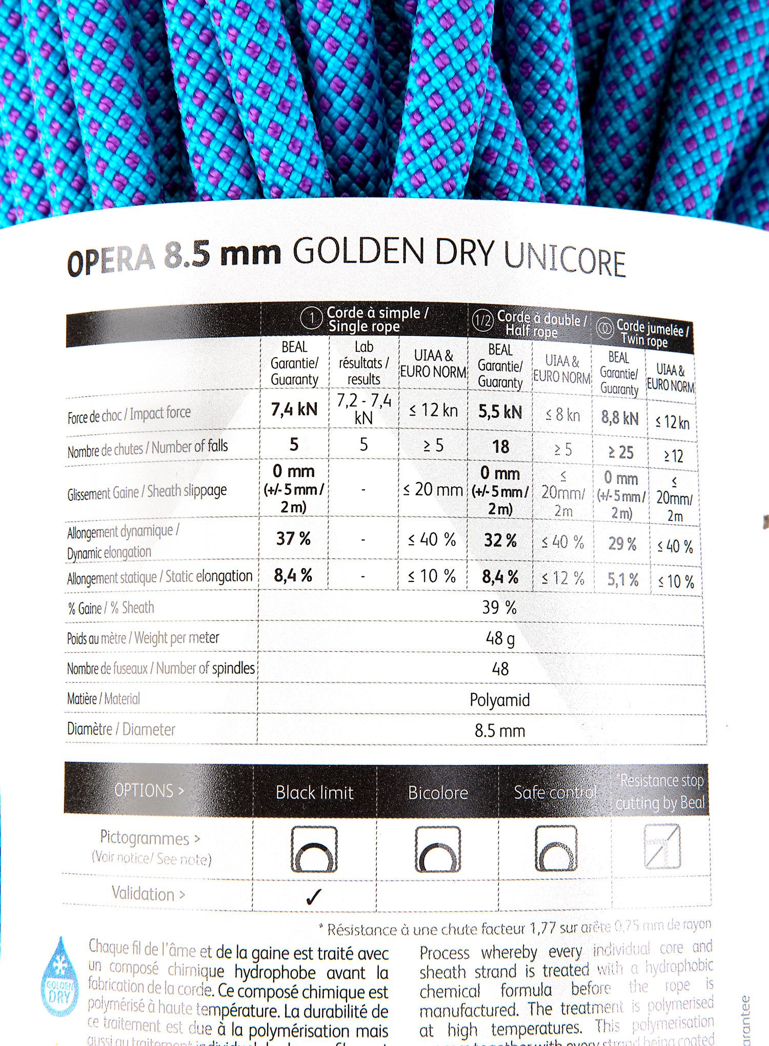 Plezalna vrv Beal Opera 8,5 mm 50 m Unicore Golden Dry - blue