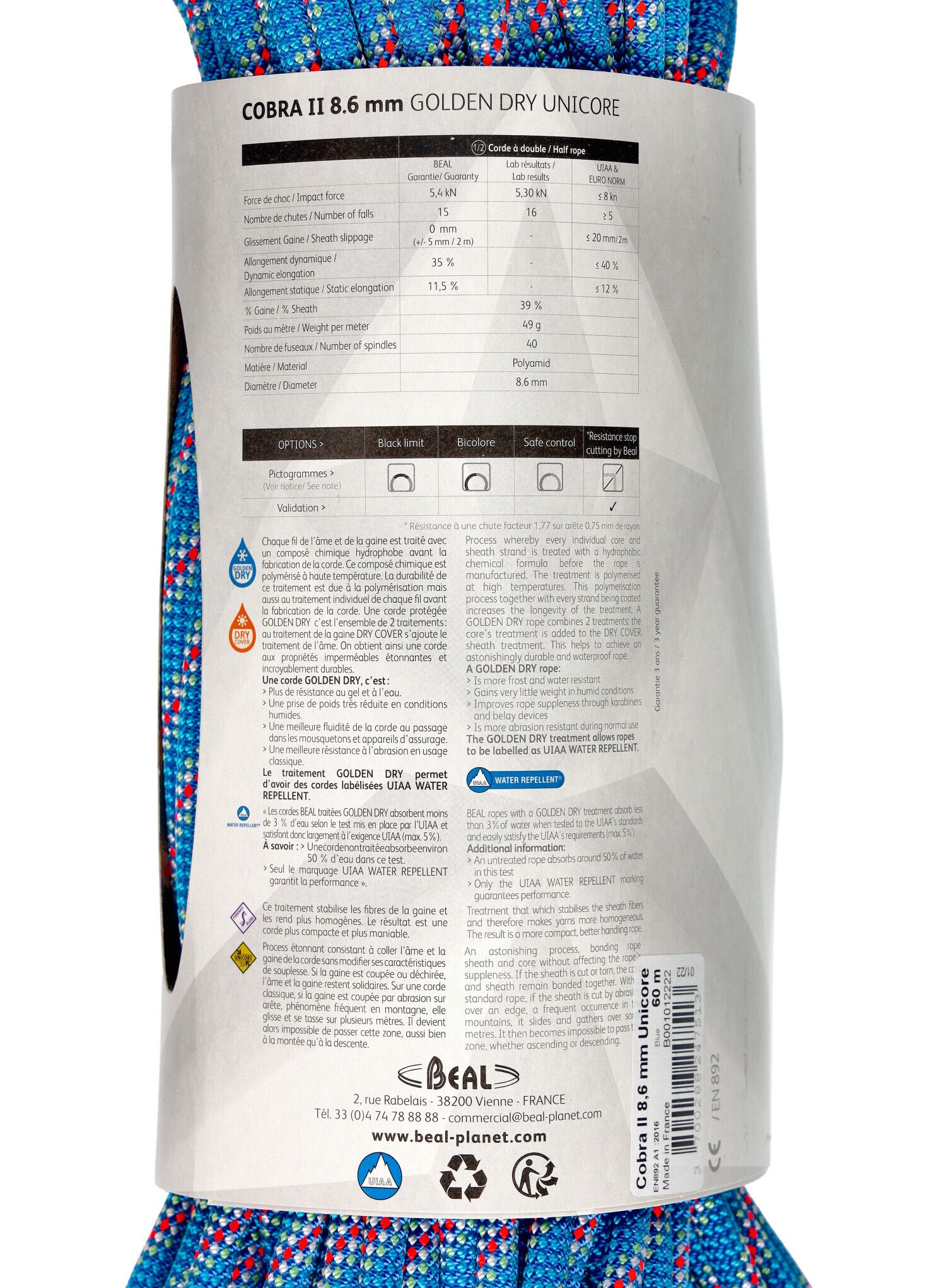 Dinamična vrv Beal Cobra Unicore Golden Dry 8,6 mm 60 m - blue