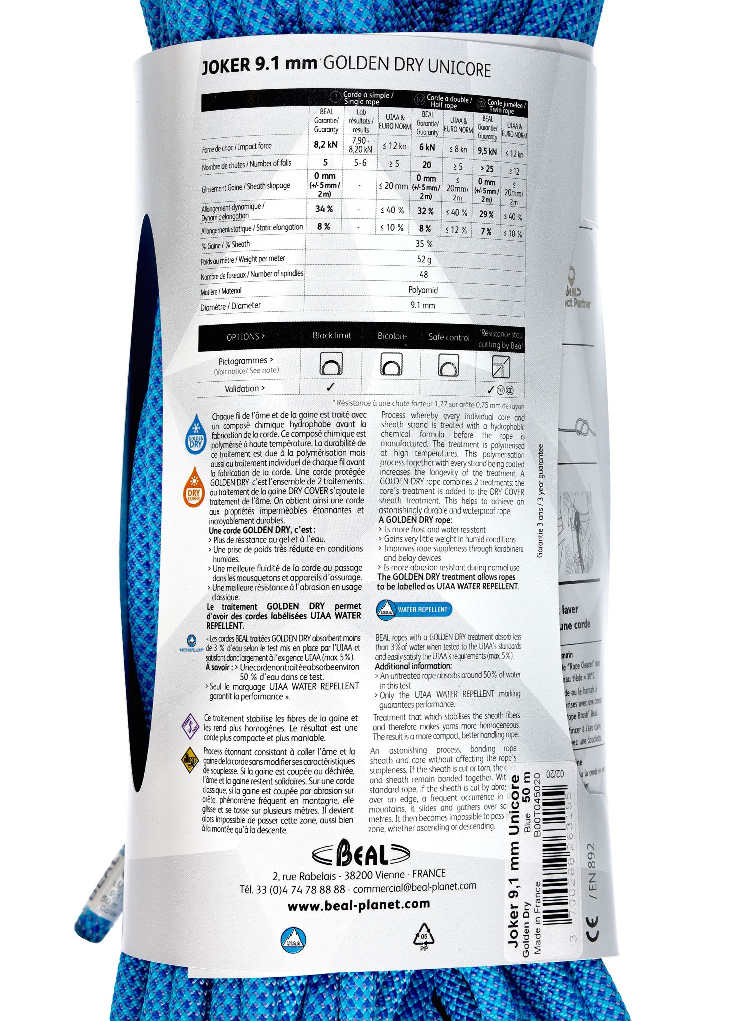 Plezalna vrv Beal Joker 9,1 mm 50 m Unicore Golden Dry - blue