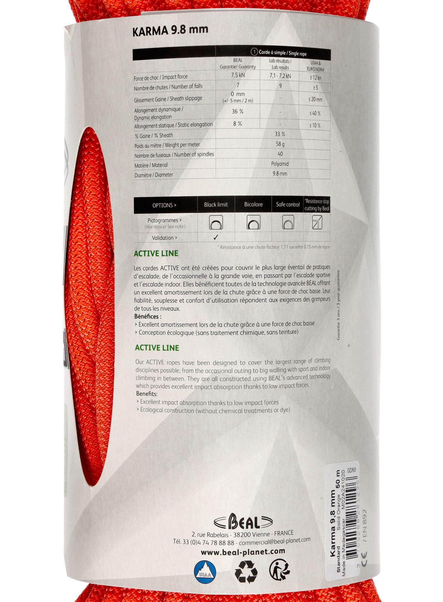 Plezalna vrv Beal Karma 9,8 mm 50 m - solid orange