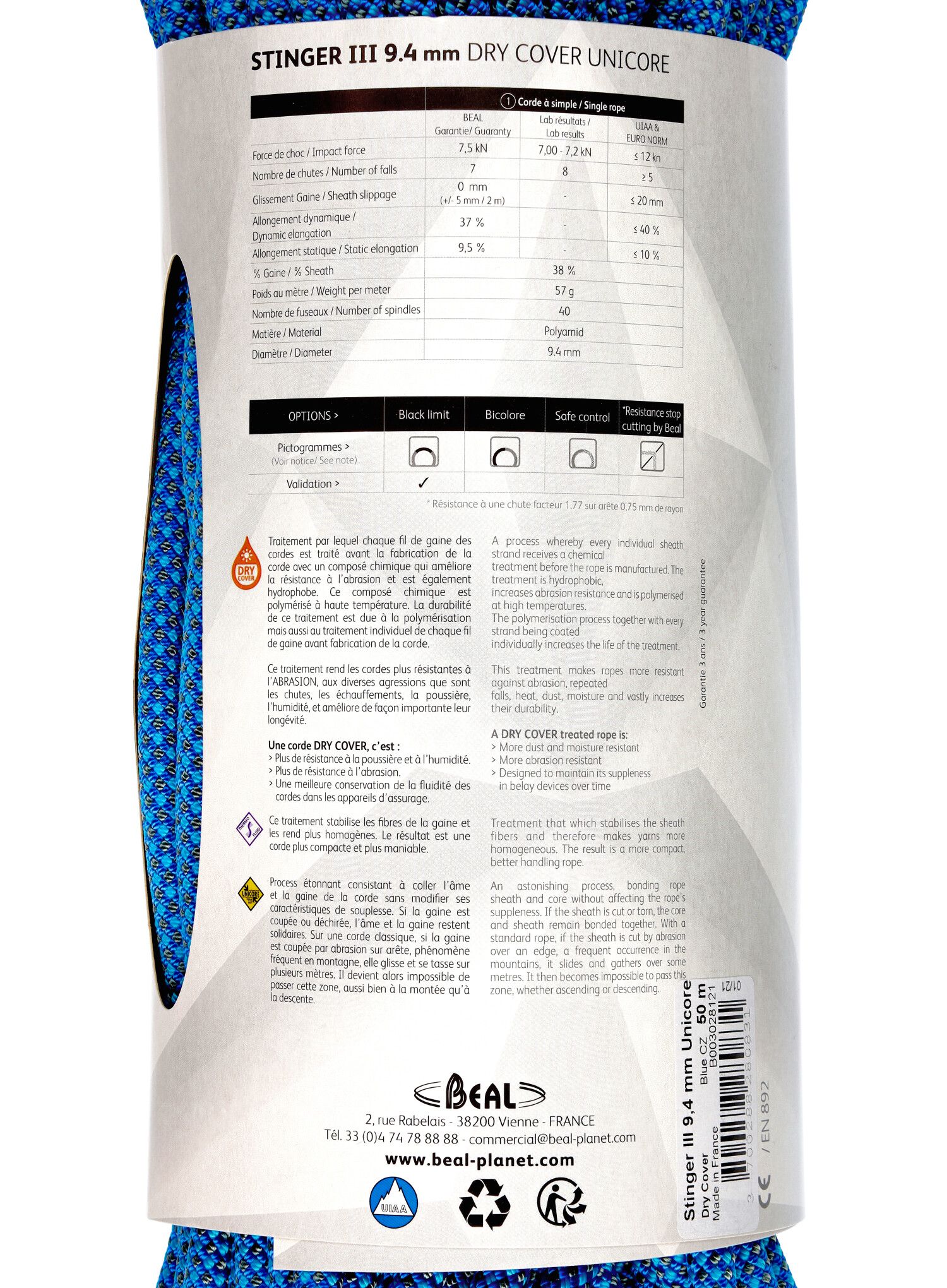 Plezalna vrv Beal Stinger III 9,4 mm 50 m Unicore Dry Cover - blue