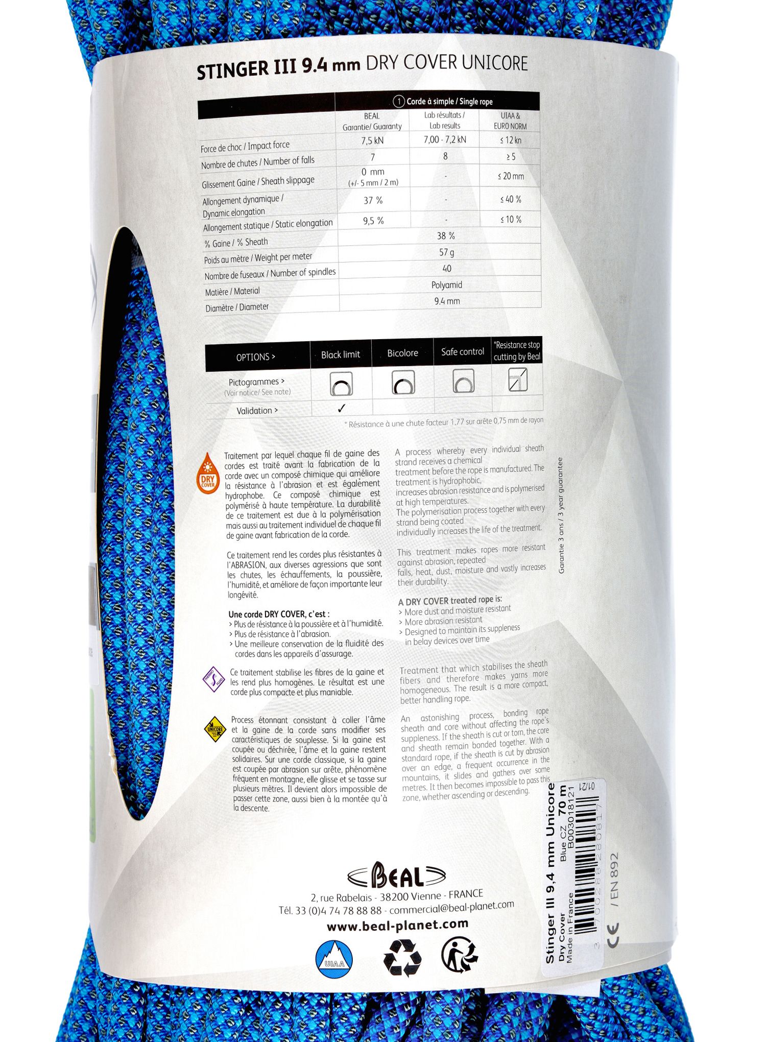 Dinamična vrv Beal Stinger III 9,4 mm 70 m Unicore Dry Cover - blue