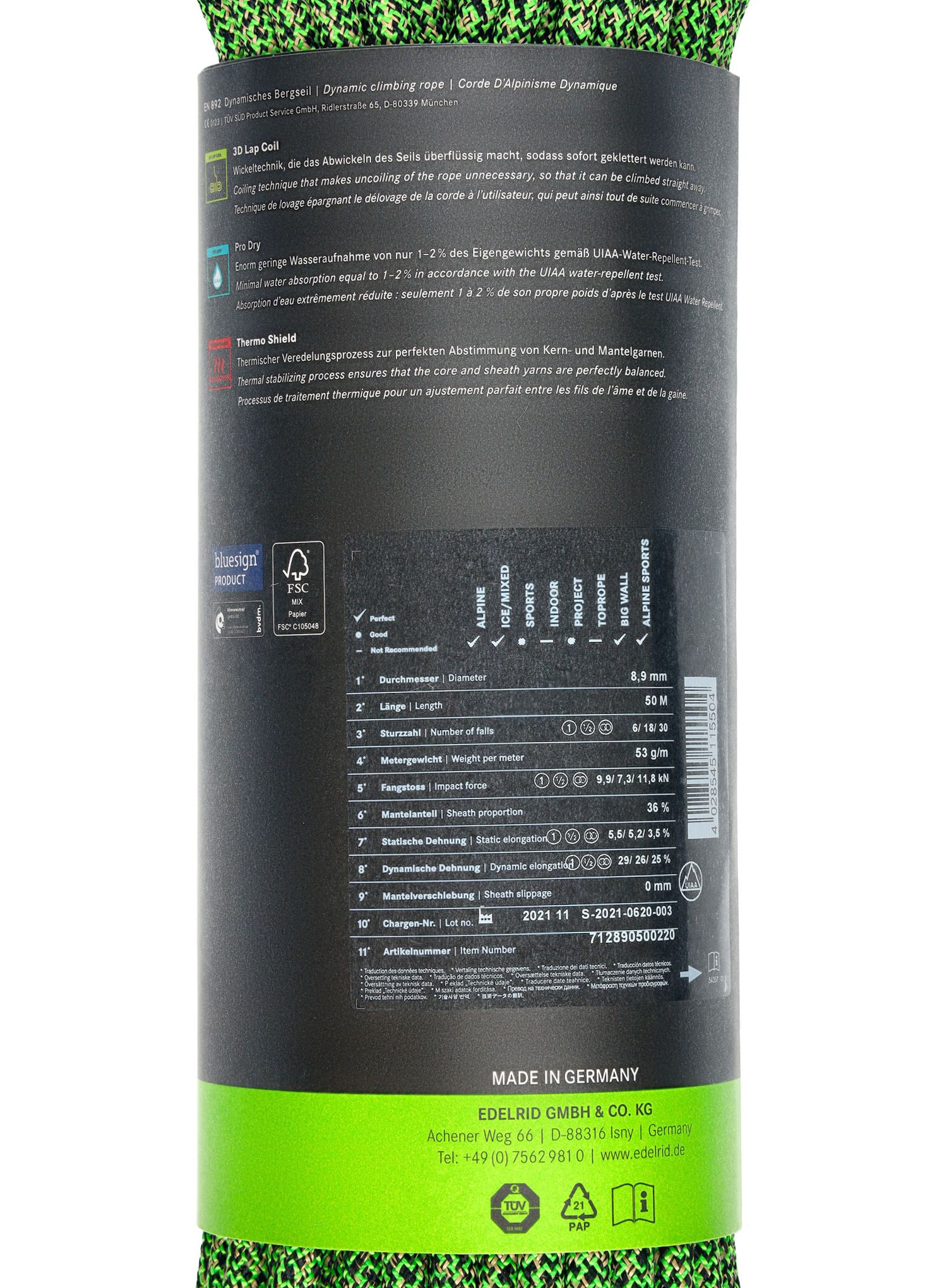 Dinamična vrv Edelrid Swift Protect Pro Dry 8,9 mm 50 m  - night-green