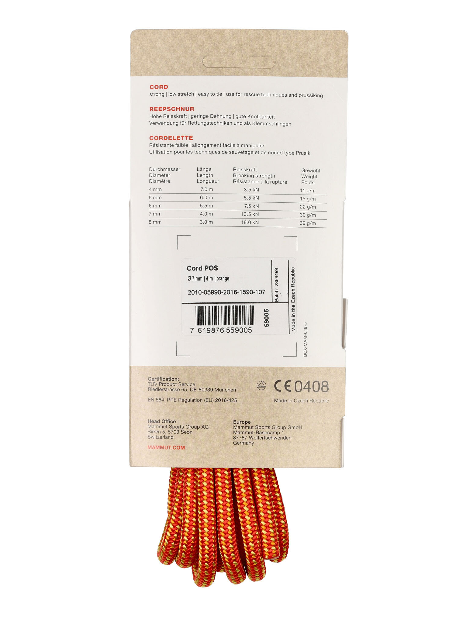 Pomožna vrv Mammut 7.0 Cord POS 4 m - orange/orange